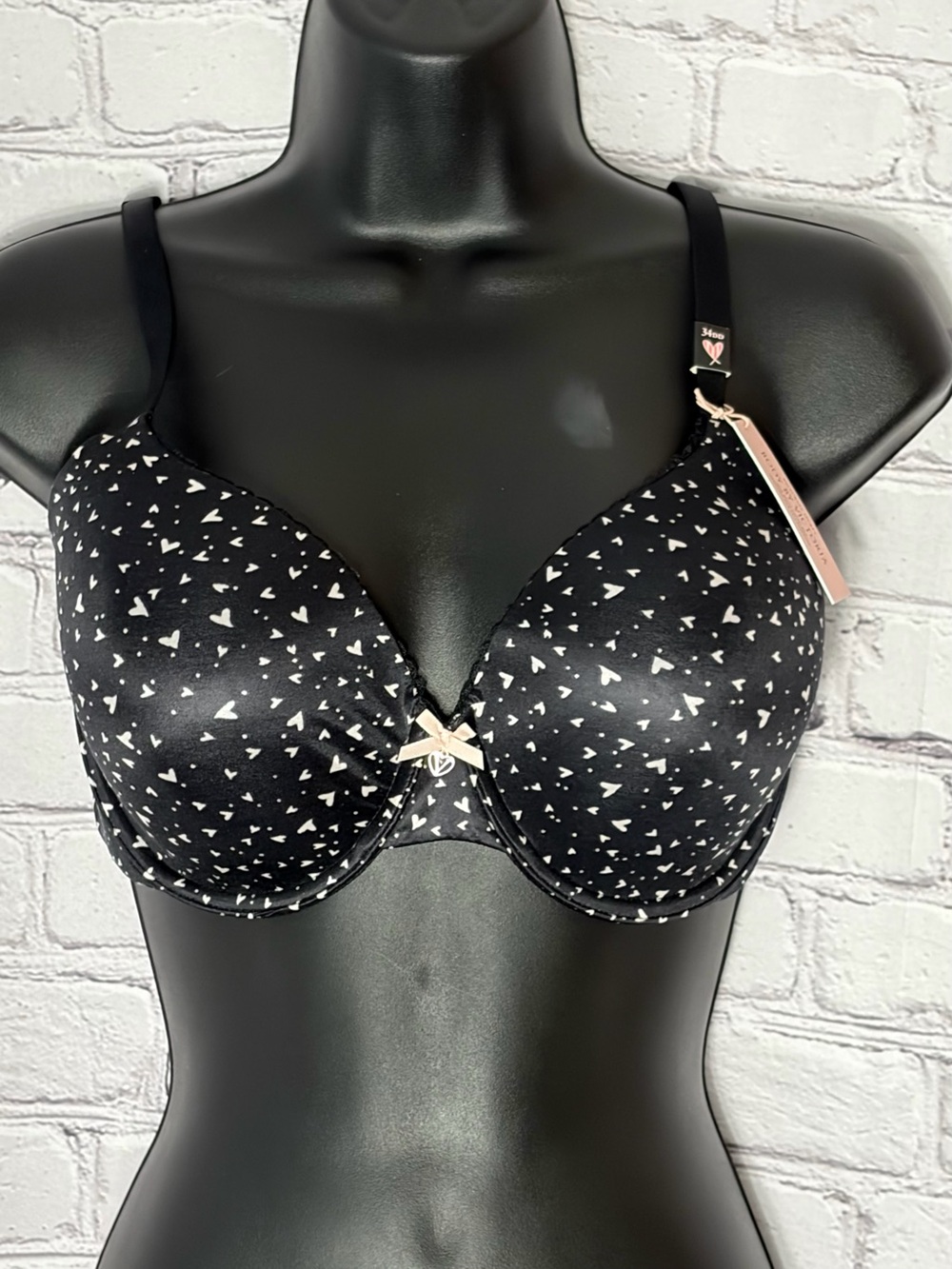 Body By Victoria Padded Underwire T-Shirt Bra 34DD Black White Heart Crisscross